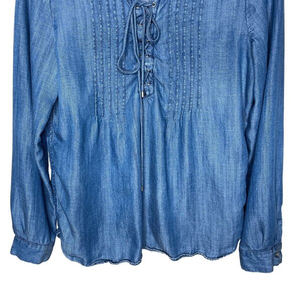 Talbots Blue Chambray Peasant Blouse Womens Small Long Sleeve Boho Top - Picture 7 of 9